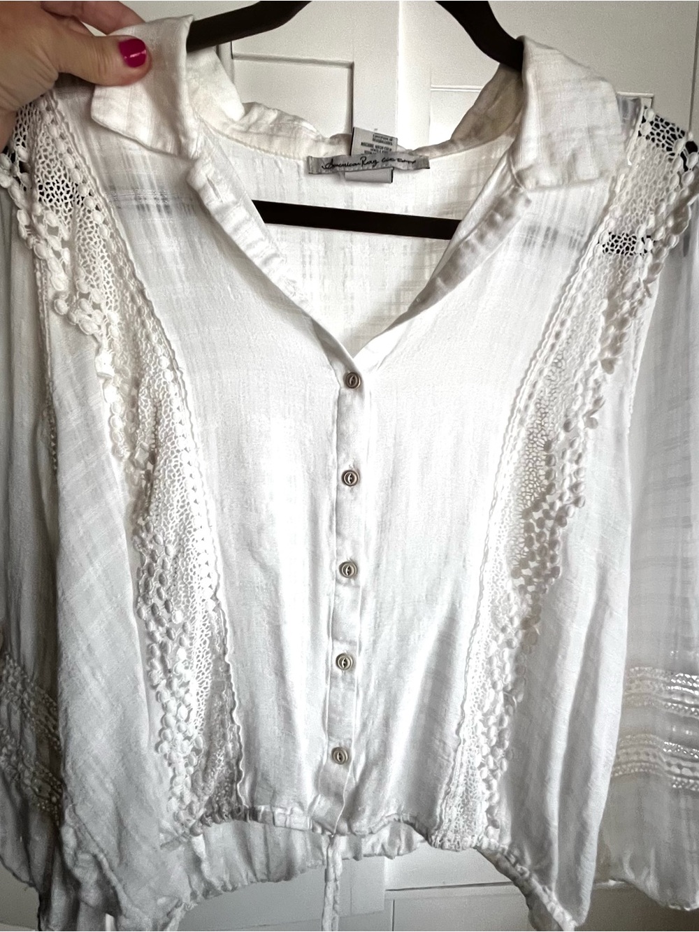 American Rag Co Boho White Button-Front Crochet Trim Shirt  XL